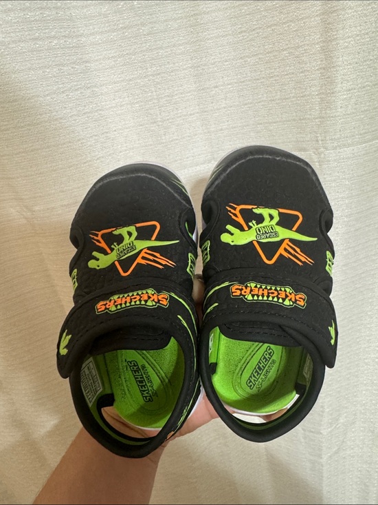 Skechers Other - Skechers Kids Black & Neon Green Dinosaur Slip-On Sneakers with Orange Accents